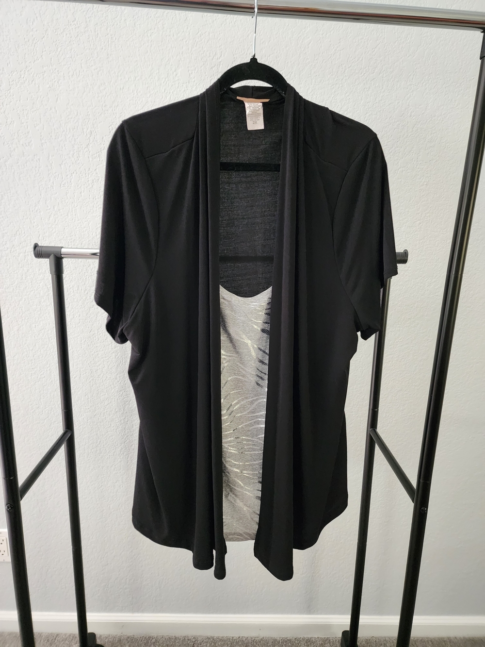Lavish Black Open-Front Layered Cardigan with Metallic Accent Tank